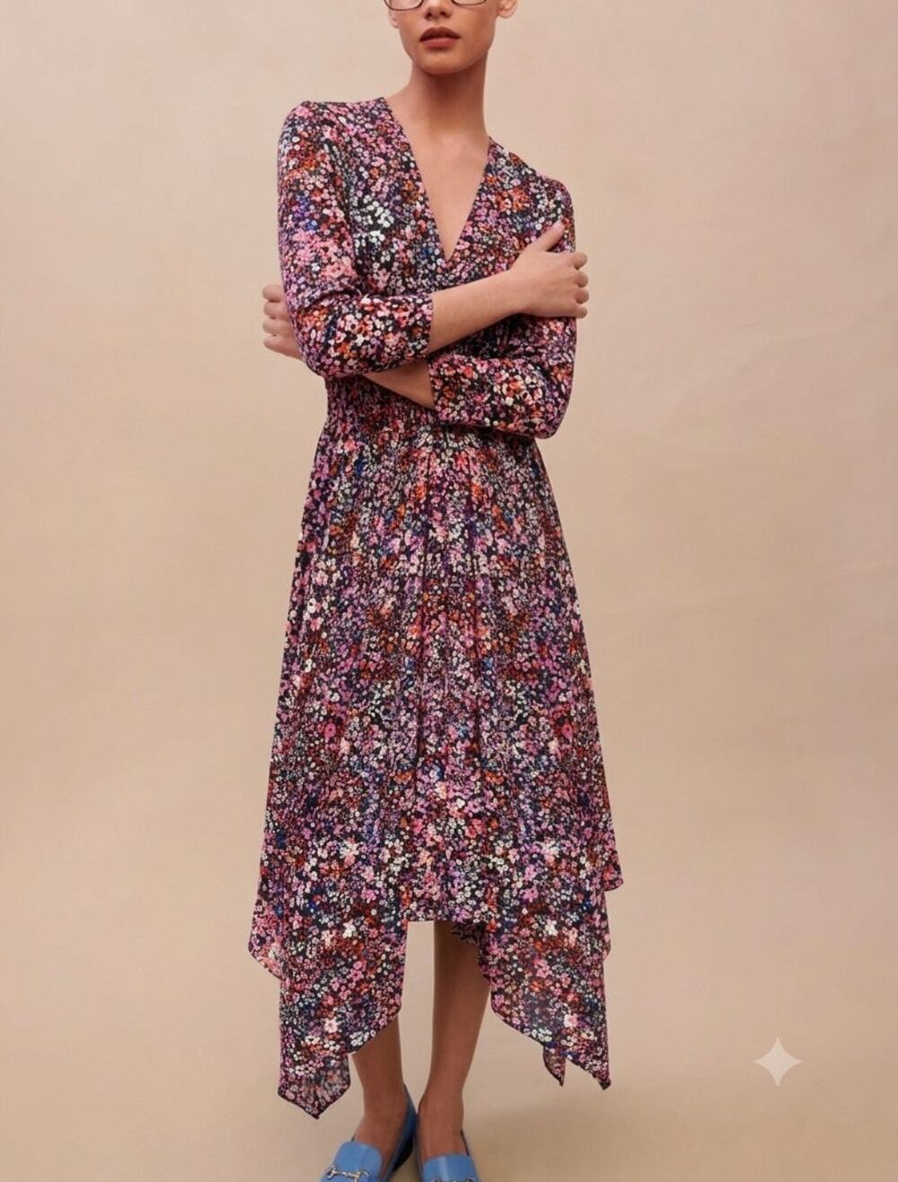 Maje Floral Smocked Asymmetrical Midi Dress Size 40 / US 8 NWOT